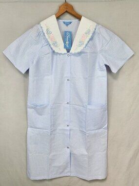 Dream Crest Women's Housecoat Seersucker Sz.S Embroidered Blue Gingham NWT